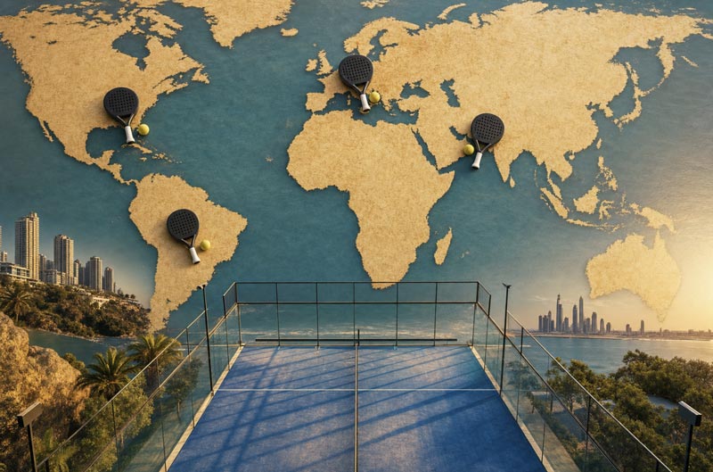 Cancha de pádel sobre un mapa mundial de papel, con raquetas y pelotas marcando distintos continentes. Cancha de pádel sobre un mapa mundial de papel, con raquetas y pelotas marcando distintos continentes.